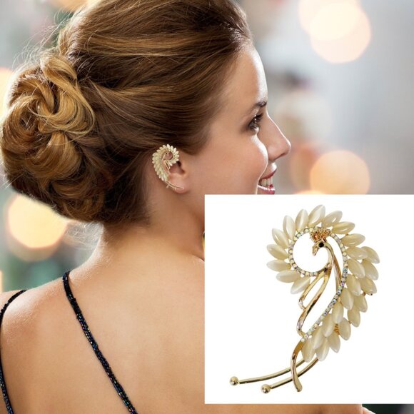 Ear Cuff- NEW- Fashion Women Gold Tone Opal Stones Peacock Left Ear Wrap - Picture 1 of 4